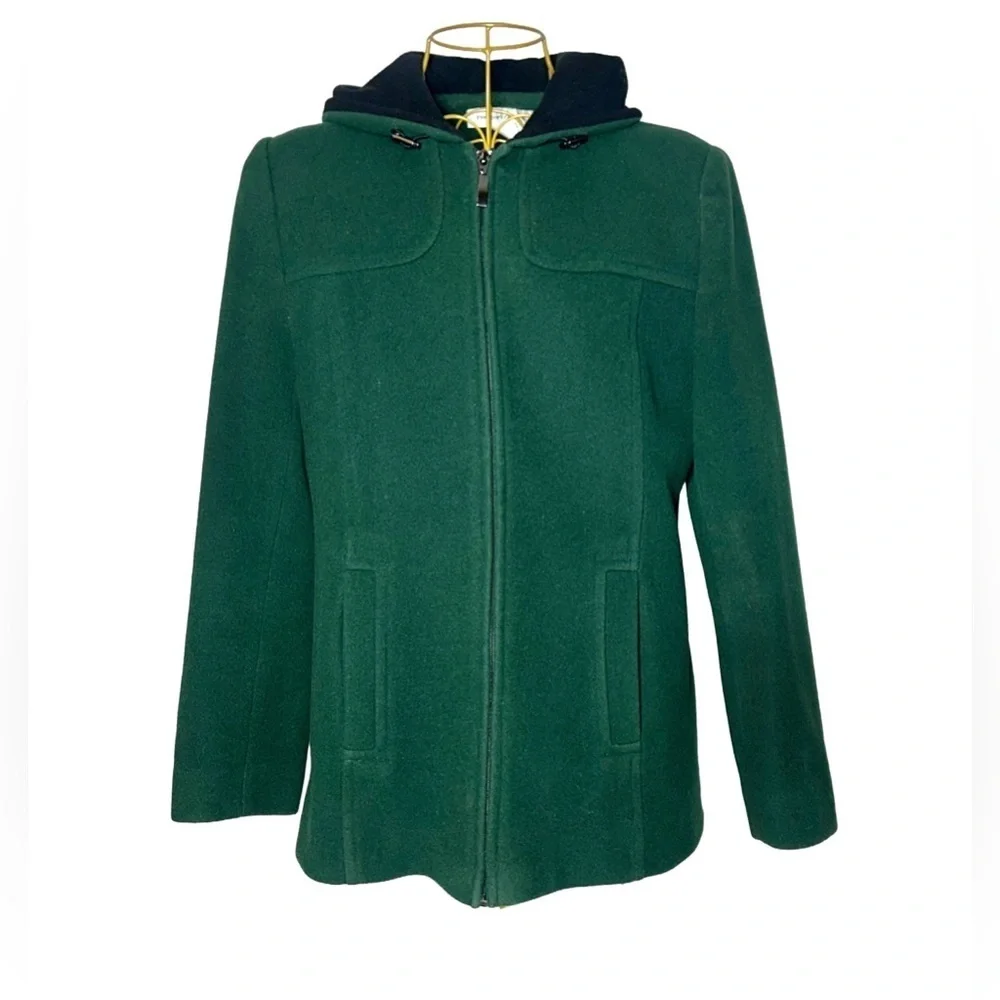 Preston & York Wool Coat in Rich Green with Pockets, Full Zip, & Hood, Small - Picture 4 of 15